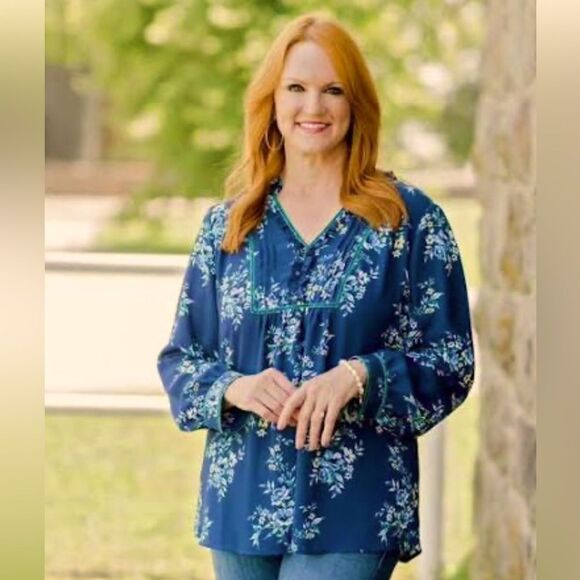 The Pioneer Woman Velvet Trim Ruffle Neck Blouse - Picture 1 of 9